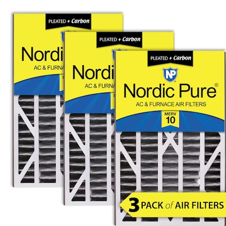 Nordic Pure 16x25x3 Plus Carbon Pleated Air Filter, High Capacity, MERV 10, 3 PK 16x25x3ABPM10C-3