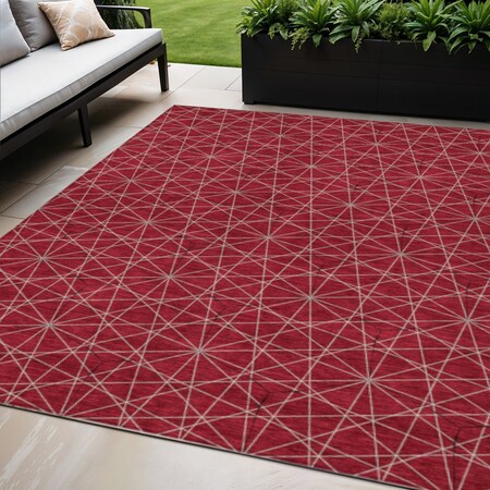 Homeroots 5' X 8' Red Black And Ivory Geometric Washable Indoor Outdoor Area Rug 596759