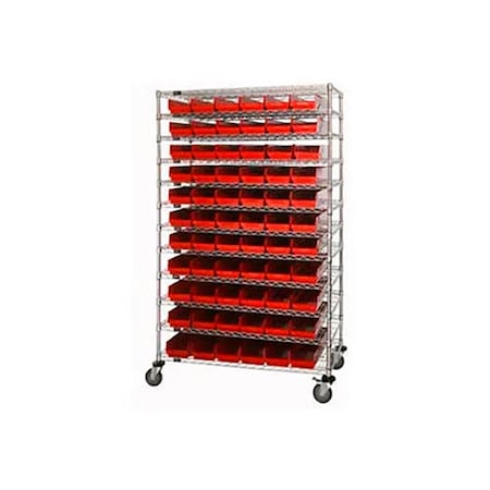 Global Industrial Chrome Wire Shelving with 88 4"H Plastic Shelf Bins Red, 60x14x74 269042RD