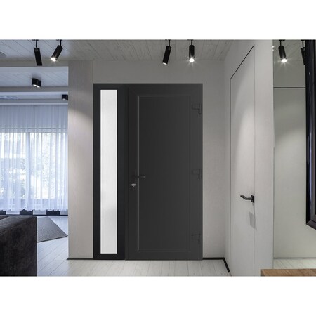 Vdomdoors Front Exterior Prehung Metal-Plastic Door, Manux 8111 Matte Black, Side Sidelite Transom, Office Co MANUX8111EXD-BLK-W36+14xH80-LH