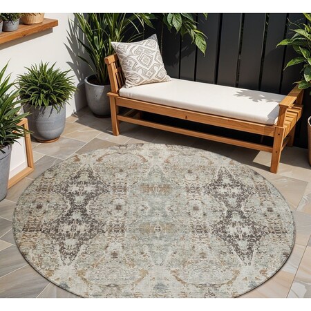 Homeroots 8' Linen Black And Brown Round Floral Washable Indoor Outdoor Area Rug 606244