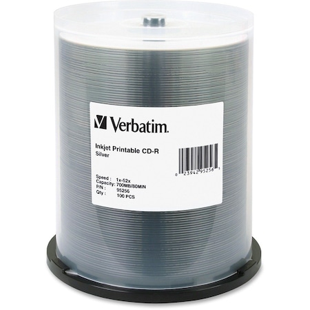 Verbatim Americas Verbatim CD-R Discs, 95256, 52X, 700MB/80Min, Inkjet Printable, Spindle, 100/Pk, Silver 95256