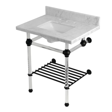 Kingston Brass 30-Inch Carrara Marble Console Sink with Acrylic Legs and Shelf, 8-Inch, 3-Hole KVPB30MASQB0