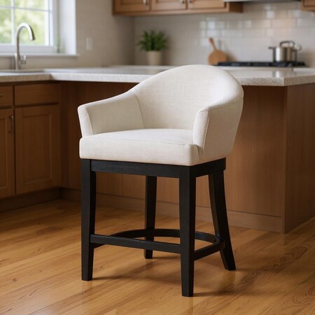 Homeroots 36" White and Black Fabric and Solid Wood Counter Height Swivel Bar Chair 632484