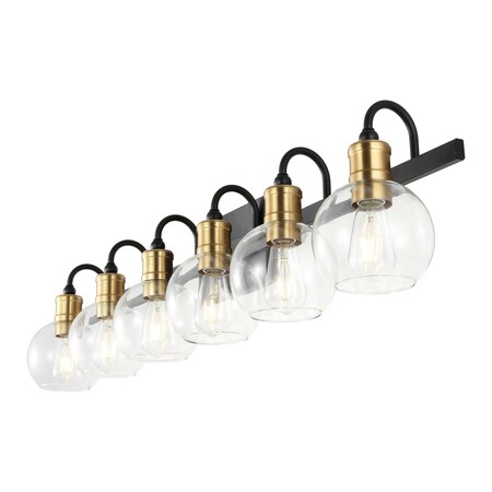 Jonathan Y Marais 44.25" 6-Light Iron/Glass Rustic Vintage LED Vanity Light, Black/Brass Gold JYL3557A