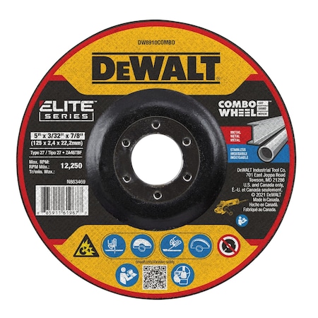 Dewalt Depressed Center Cut-Off Wheel, Type 27, 5 in Dia, 0.093 in Thick, 7/8 in Arbor Hole Size, Ceramic DW8910Combo