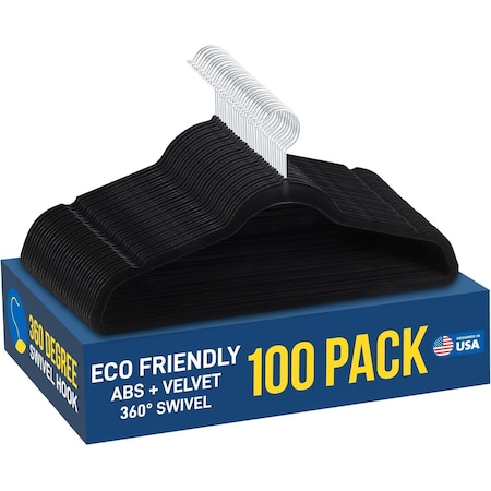 Lifemaster Velvet Non-Slip Hanger Set, 360 Deg Swivel Hook, Sleek Design, Black, 100PK LMVEL100
