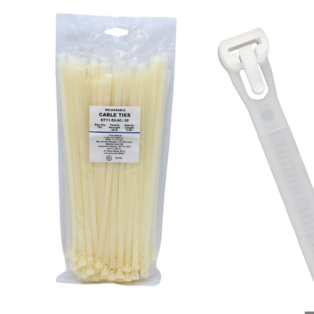 Cable Ties Unlimited Releasable Cable Tie, 11 in L, 50 lb Strength, 3.2 in Max Bundle Dia, Nylon 6/6, Natural, 100PK RT11-50-9C-.30