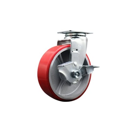 Service Caster 6 Inch Red Poly on Cast Iron Swivel Caster with Roller Bearing and Brake SCC SCC-20S620-PUR-RS-TLB