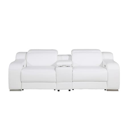 Homeroots 89in White and Silver Italian Leather Power Reclining Loveseat With Storage 633753