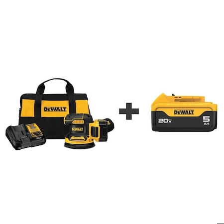 Dewalt 20V Brushless 5 in. Cordless Variable Speed Random Orbital Sander Kit , Includes 2 (5.0 Ah Battery) DCW210P1/DCB205