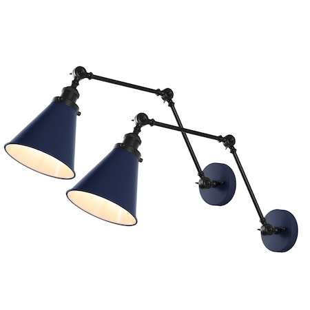 Jonathan Y Rover 7" Classic Industrial Metal Adjustable Arm LED Wall Sconce, Navy/Black, 2PK JYL7462G-SET2