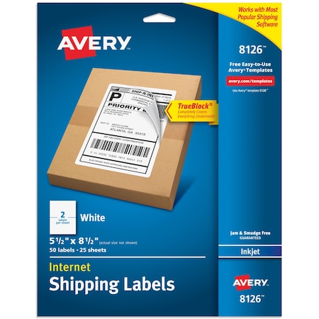Avery Inkjet Label, 8 1/2 in Label W, 5 1/2 in Label H, 2 Labels per Sheet White 727828126