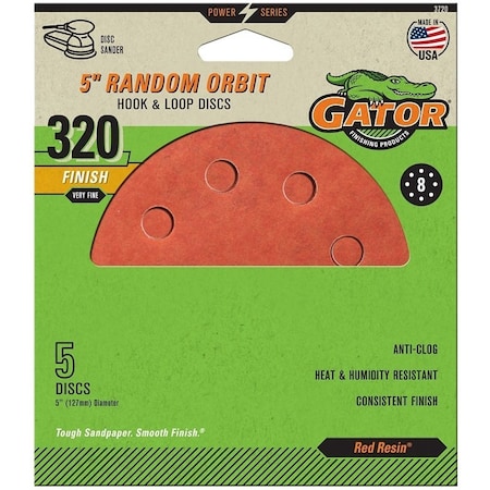 Gator Sanding Disc, 5 in Dia, 320 Grit, Super Fine, Aluminum Oxide Abrasive, Vented 3720