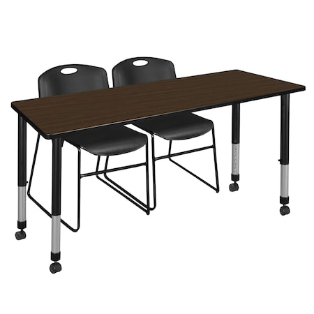 Regency Kee Mobile Adjustable Classroom Table W/ 2 Zeng Stack Chairs, 66 in W, 24 in L, Neo Walnut MT6624NWAPCBK44BK