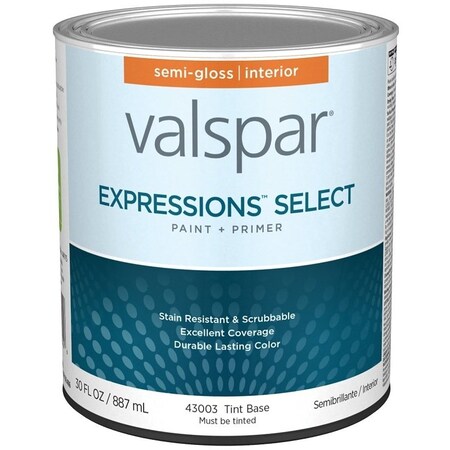 Valspar Expressions Select 4300 Latex Paint, Acrylic Base, Semi-Gloss Sheen, Tint Base, 1 qt 028.0043003.005