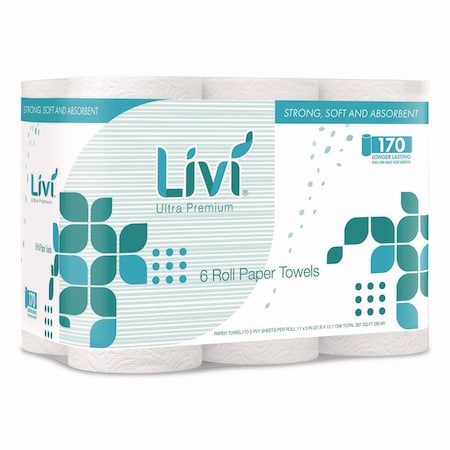 Livi Perforated Roll Paper Towels, 2 Ply, 170 Sheets, 156 ft, White 492101
