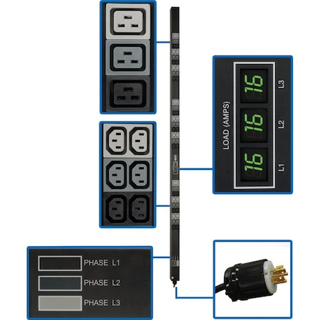 Tripp Lite PDU, Local Metered, (36) C13, (9) C19, L22-20P, 6 ft. PDU3XMV6L2220