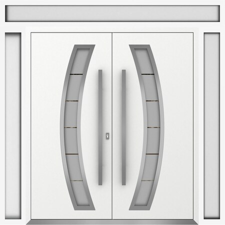 Vdomdoors Metal Double Doors Deux 6500 White Enamel Frosted Glass 2 Sidelights and Top Transom Entry Modern P DEUX6500DEXD-BEM-W14+72+14xH96+14-LH-O