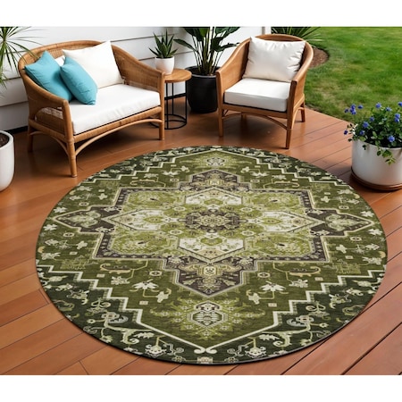 Homeroots 8' Olive Green Ivory And Brown Round Oriental Washable Indoor Outdoor Area Rug 600176