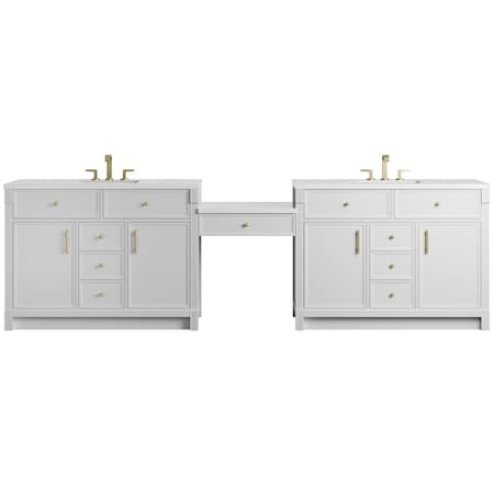 James Martin Vanities Bellshire 120" Dual Vanity Set w/ 24" Make-Up Counter, Bright White w/3 cm White Zeus Silestone Top 660-VMC120-BW-3WZ