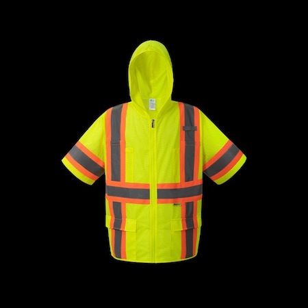 2W International Hi-Vis Hooded Safety Vest w/sleeves L Class 3 H Back, , Zipper 6 Pockets, 1 Mic Tab M7148C-3 L