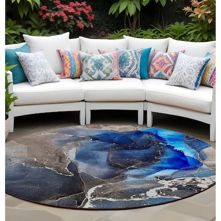 Homeroots 8' Blue Round Abstract Washable Indoor Outdoor Area Rug 559654