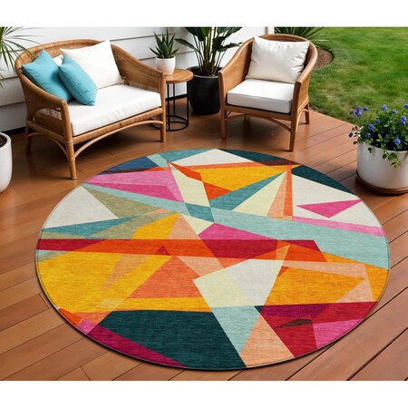 Homeroots 8' Ivory Orange And Burgundy Round Geometric Washable Indoor Outdoor Area Rug 616696