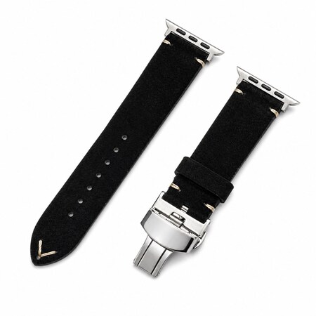 Elegani Leather Band Compatible with Apple Watch 38mm, Black, Silver, Black, Rose Gold, Yellow Gold Buckle SDQR-BLK-38