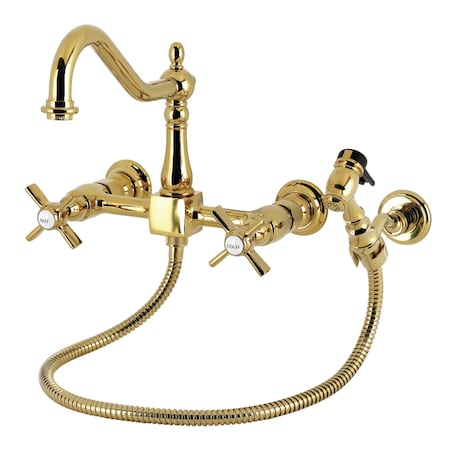 Kingston Brass Two-Handle Wall Mount Bridge Kitchen Faucet with Brass Sprayer, Polished Brass KS1242ZXBS