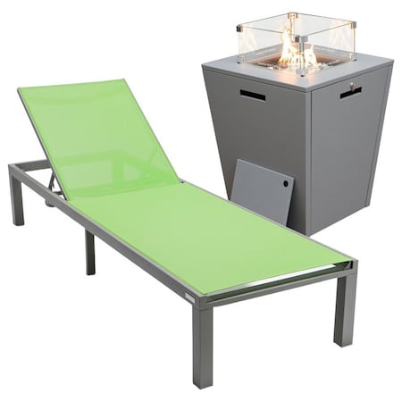 Leisuremod Marlin Modern Grey Aluminum Outdoor Patio Chaise Lounge Chair, Square Fire Pit Side Table, Green MLGRCF21-77G