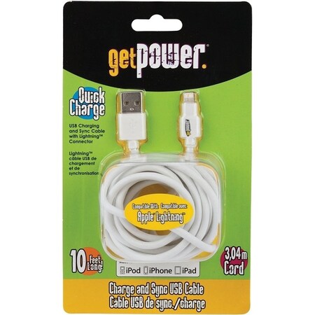 Getpower USB Charging and Sync Cable, White, 10 ft L GP-XL-USB-L