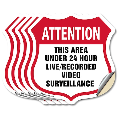 Signmission 24 Hour Surveillance Shield Sign Attenti, 6 inch X 6 inch, Vinyl Decal, 5PK SHI-D-5PACK-6-352