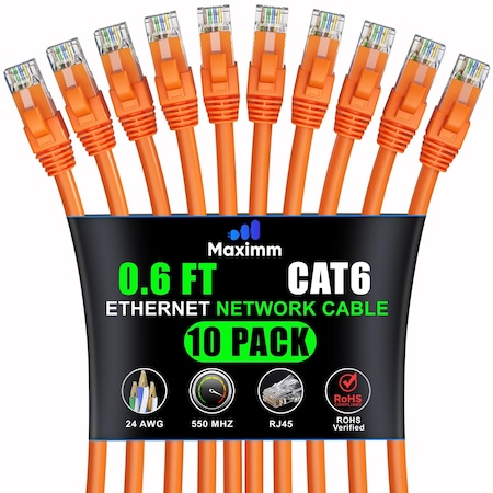 Maximm Cat6 Ethernet Cable 0.6ft 10Gbps 550MHz UTP, 10PK, Orange, 10PK CAT6-CCA-0.6FTORANGE-10PK