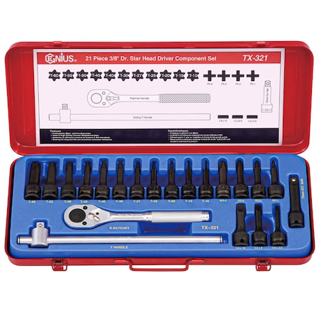 Genius Tools 21 PC 3/8in Dr. Star Head Driver Set TX-321