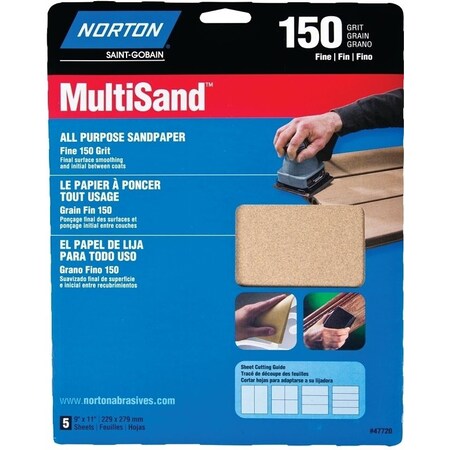 Norton Co MultiSand 076607 Sanding Sheet, 11 in L, 9 in W, Fine, 150 Grit, Aluminum Oxide Abrasive 47720