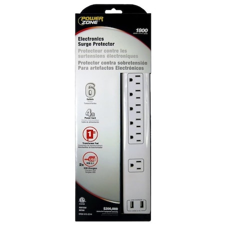 Powerzone Power Strip, Surge, 6 Outlet(s) White OR525106