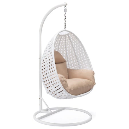 Leisuremod White Wicker Hanging Egg Swing Chair with Beige Cushions ESCW-40BG