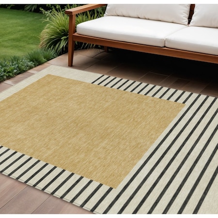 Homeroots 8' X 10' Gold Black And Beige Striped Washable Indoor Outdoor Area Rug 597220