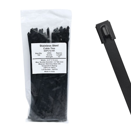 Cable Ties Unlimited Cable Tie, 12 in L, 300 lb Strength, 3.3 in Max Bundle Dia, Coated 316 Stainless Steel, Black, 100PK SSPCoated12-HD