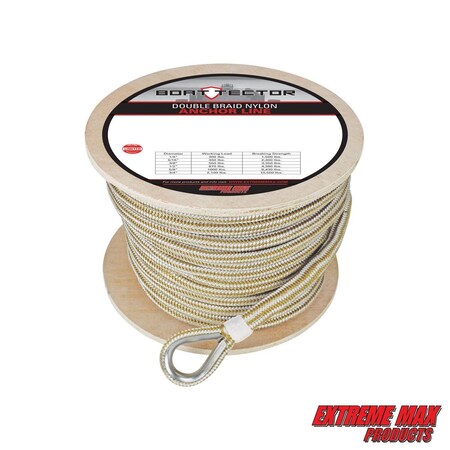 Extreme Max 3006.2273 BoatTector Premium Double Braid Nylon Anchor Line w Thimble-5/8" x 200' &Gold 3006.2273