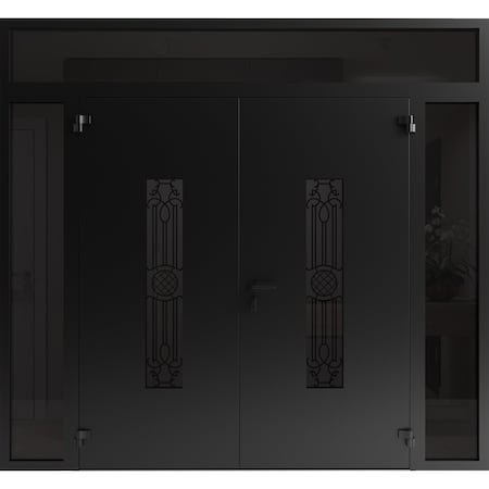 Vdomdoors Front Exterior Prehung Aluminum Double Doors Ronex1477 Black Enamel 2 Sidelights and Top Transom RONEX1477DEXD-BLK-W12+72+12xH80+14-RH-I