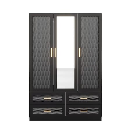 Homeroots 71" Black Carved Geometric Mirrored Three Door Four Drawer Combo Dresser 569304