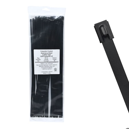 Cable Ties Unlimited Cable Tie, 16 in L, 150 lb Strength, 4.5 in Max Bundle Dia, Coated 316 Stainless Steel, Black, 100PK SSPCoated16-LD