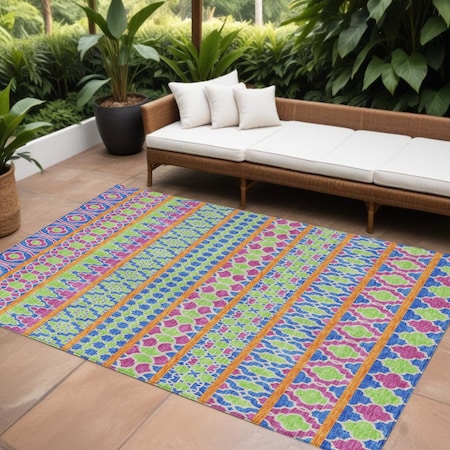 Homeroots 10' X 14' Blush Blue And Lime Green Quatrefoil Washable Indoor Outdoor Area Rug 583209