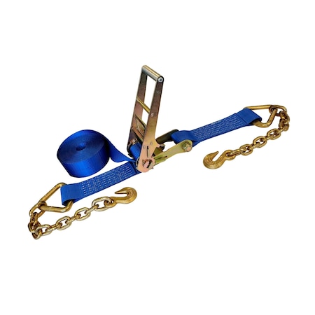 Tie 4 Safe 3'' x 50' Ratchet Strap w/ Chain Extension. WLL: 5,400 LBS Blue RT20R-1550-F87-BU-C-1