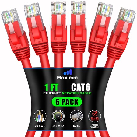 Maximm Cat6 Ethernet Cable 1ft 10Gbps 550MHz UTP, 6PK, Red, 6PK CAT6CCA-1RD-6PK