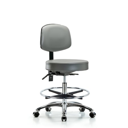 Blue Ridge Ergonomics Vinyl Stool, Back, Chrome, Med Bench, Tilt, Foot Ring, Casters, Sterling BR-VMBST-CR-T1-CF-CC-8840