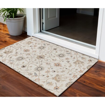 Homeroots 3' X 5' Ivory Brown And Coral Floral Washable Indoor Outdoor Area Rug 604779