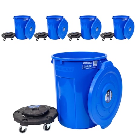 Magnum Tool Blue 32 Gallon Trash Can Set, Trash Can, Quiet Dolly, and Reinforced Lid, 5 Set CMTC-CLD0-32B05